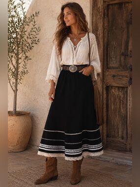 😍2/$20 Black Cotton Lace Embellished Full Midi Skirt Boho Pin Up Rockabilly